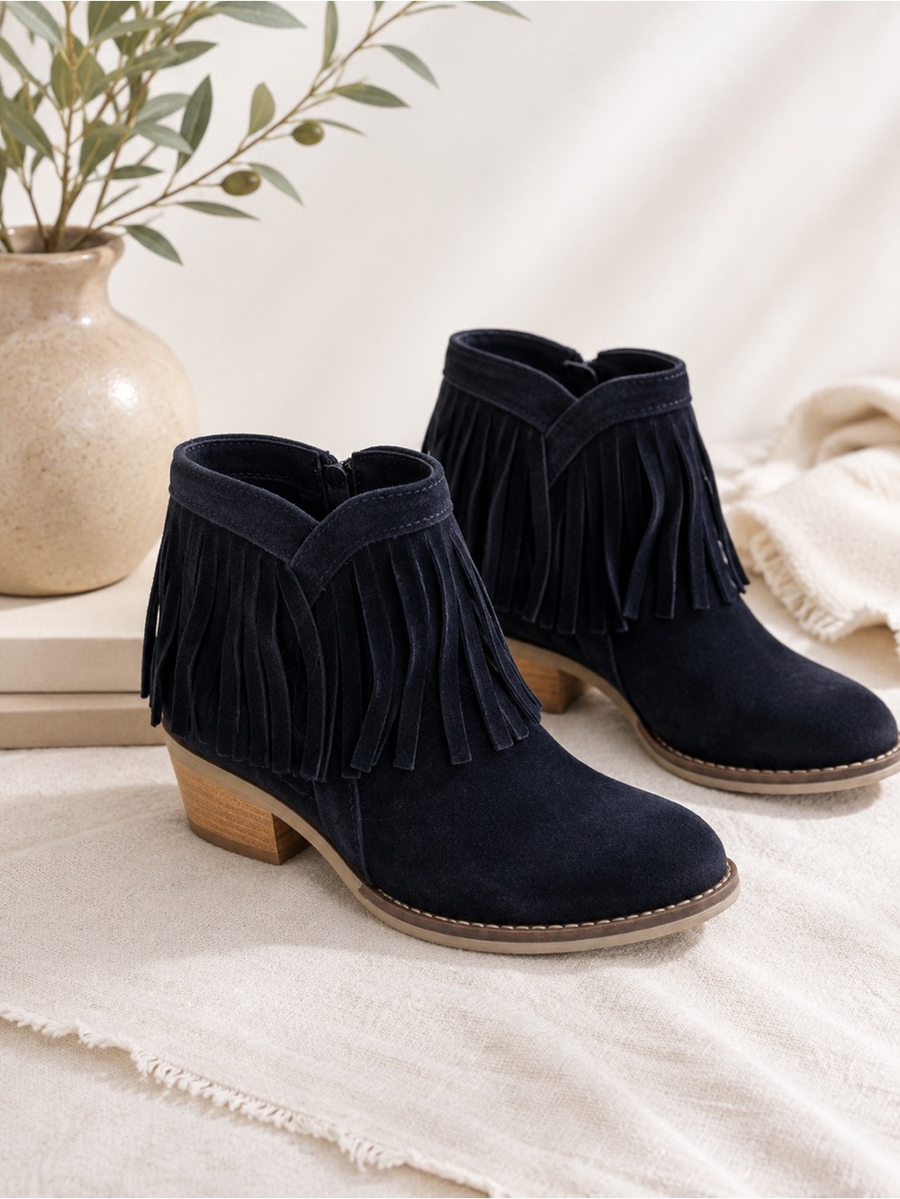 PRIMA DONNA BLACK SUEDE LEATHER FRINGE WESTERN ANKLE BOOTIES BLOCK HEEL SIZE 8.5
